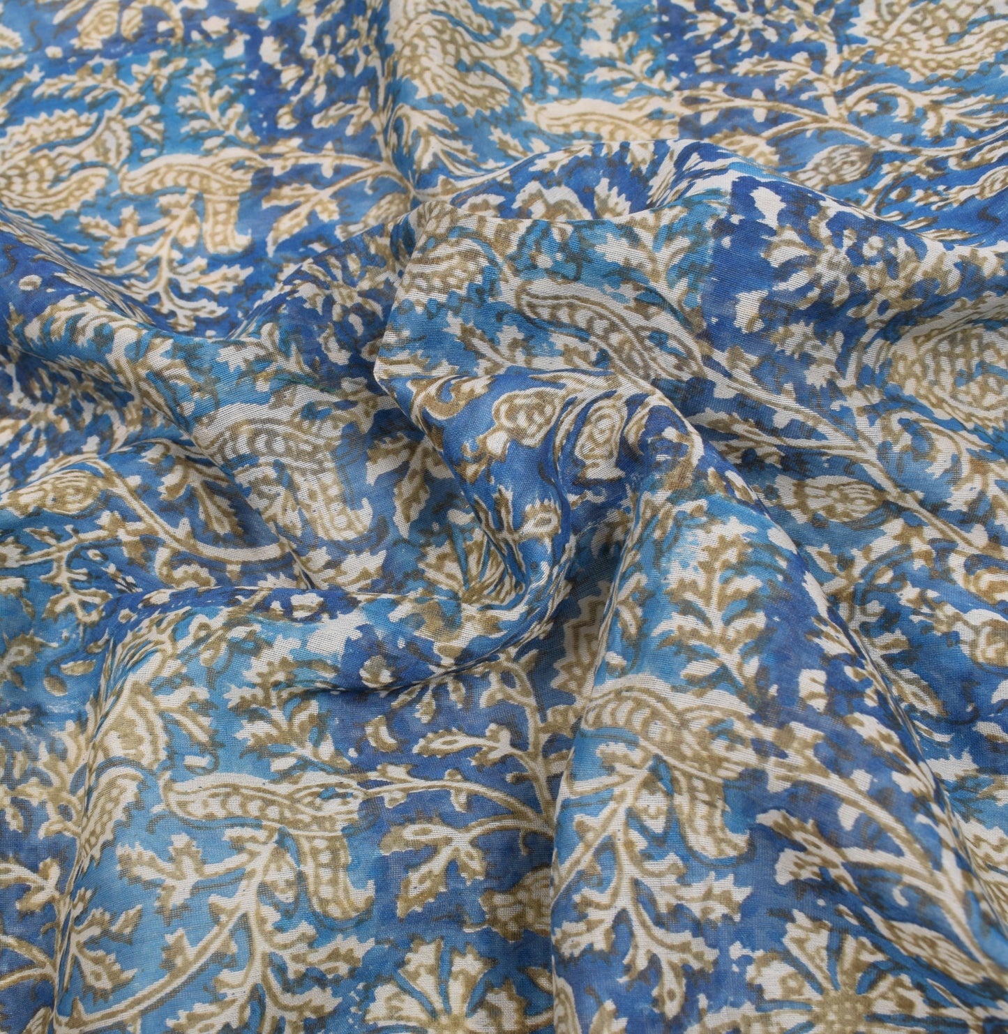 Sushila Vintage Hand Block Printed Saree Pure Cotton Silk Blue 5YD Sari Fabric