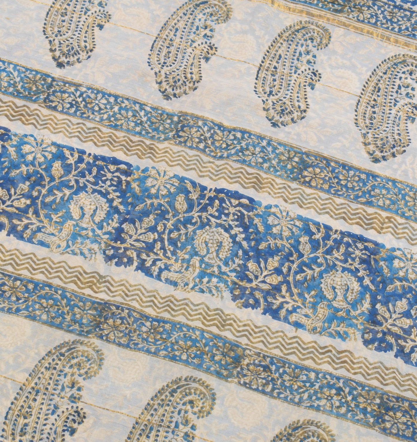 Sushila Vintage Hand Block Printed Saree Pure Cotton Silk Blue 5YD Sari Fabric
