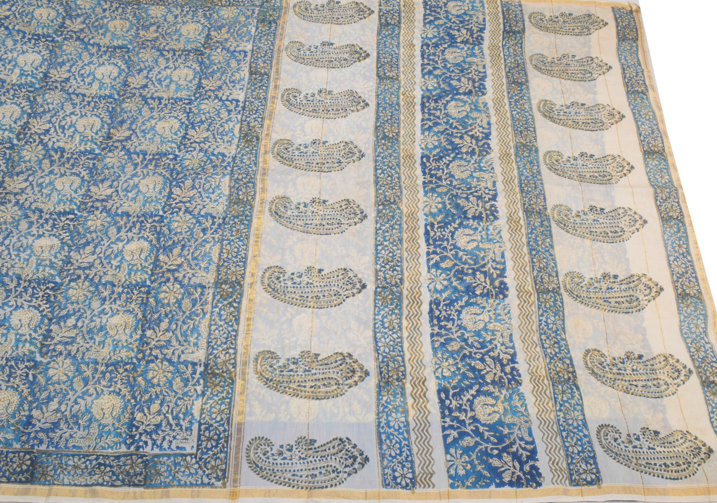 Sushila Vintage Hand Block Printed Saree Pure Cotton Silk Blue 5YD Sari Fabric