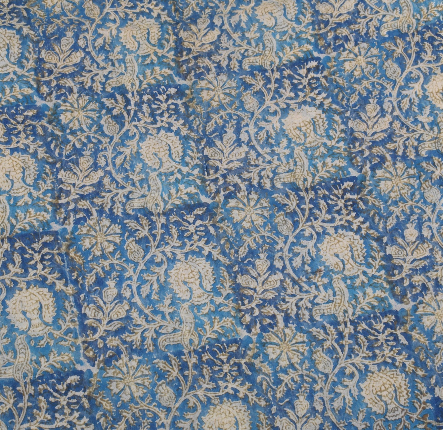 Sushila Vintage Hand Block Printed Saree Pure Cotton Silk Blue 5YD Sari Fabric