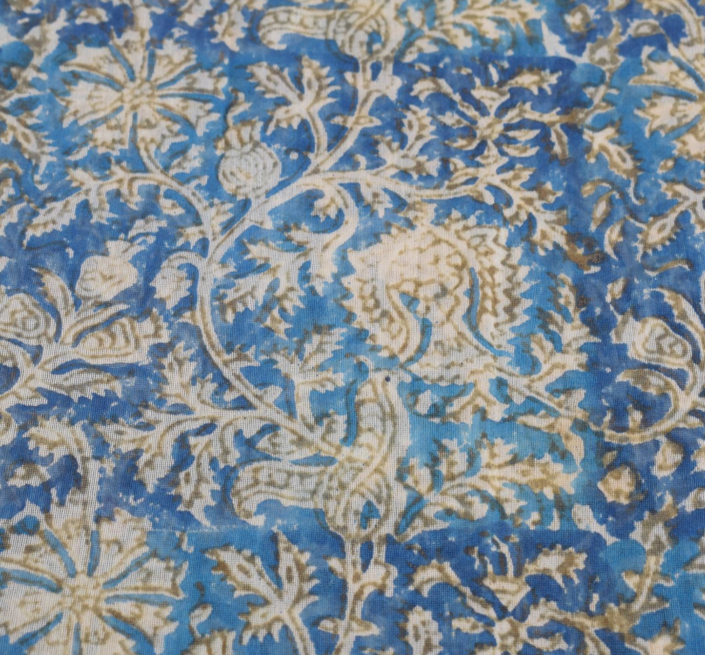 Sushila Vintage Hand Block Printed Saree Pure Cotton Silk Blue 5YD Sari Fabric