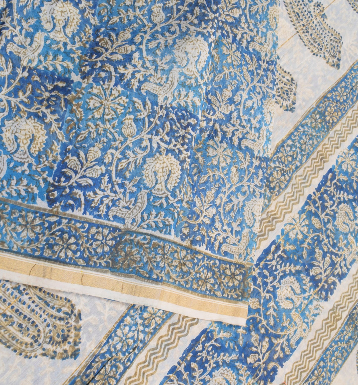 Sushila Vintage Hand Block Printed Saree Pure Cotton Silk Blue 5YD Sari Fabric