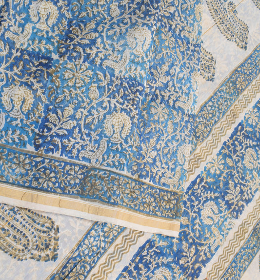 Sushila Vintage Hand Block Printed Saree Pure Cotton Silk Blue 5YD Sari Fabric