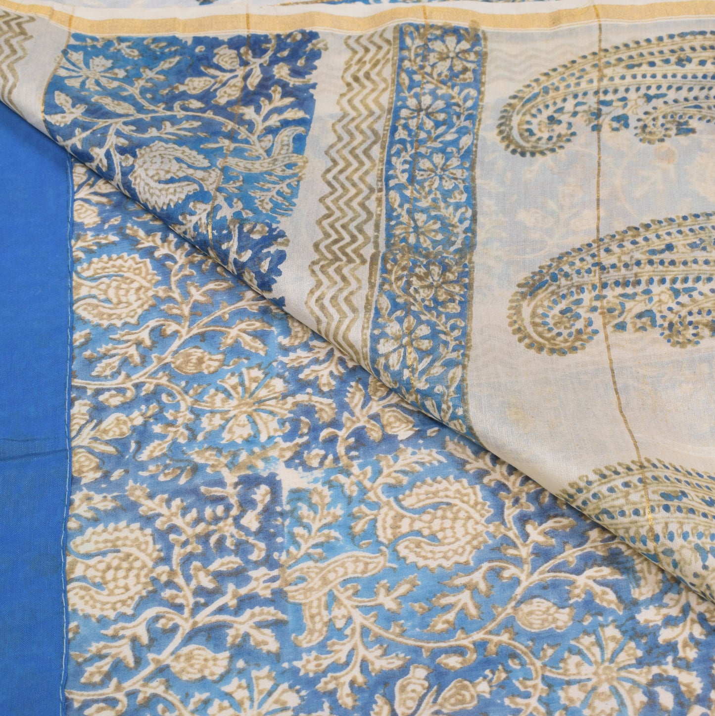 Sushila Vintage Hand Block Printed Saree Pure Cotton Silk Blue 5YD Sari Fabric