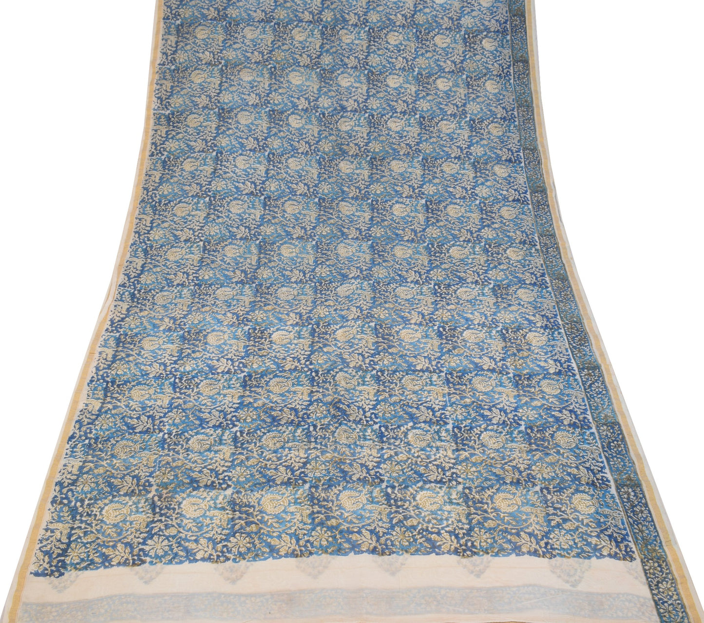 Sushila Vintage Hand Block Printed Saree Pure Cotton Silk Blue 5YD Sari Fabric