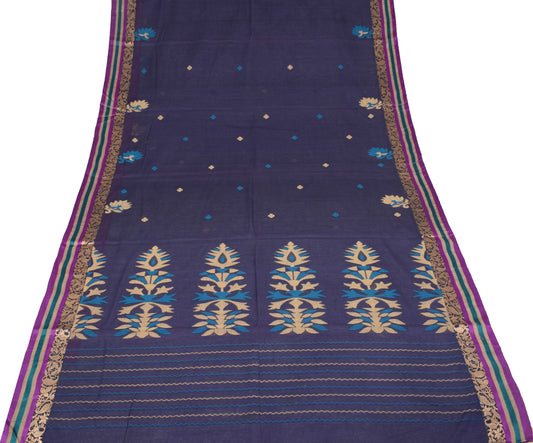 Sushila Vintage Bengal Handloom Jamdani Saree Pure Cotton Blue Sari Craft Fabric