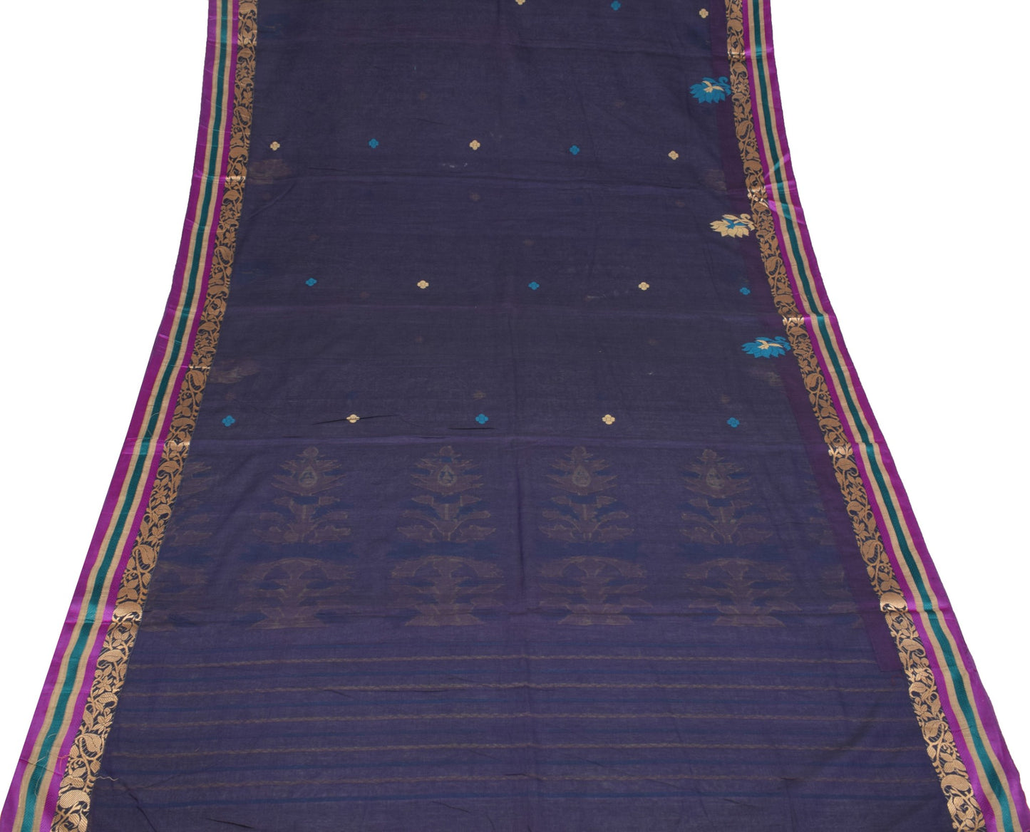 Sushila Vintage Bengal Handloom Jamdani Saree Pure Cotton Blue Sari Craft Fabric