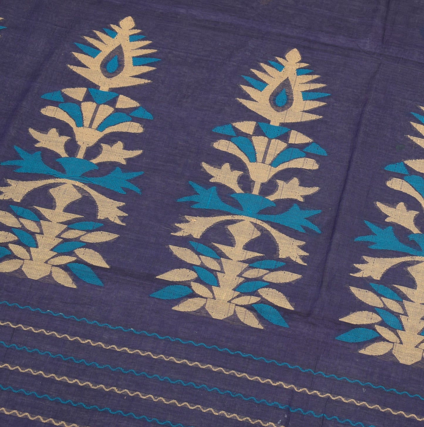 Sushila Vintage Bengal Handloom Jamdani Saree Pure Cotton Blue Sari Craft Fabric