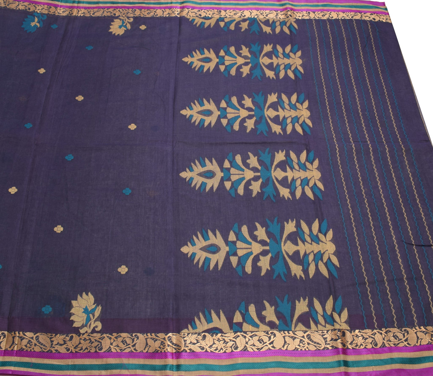 Sushila Vintage Bengal Handloom Jamdani Saree Pure Cotton Blue Sari Craft Fabric
