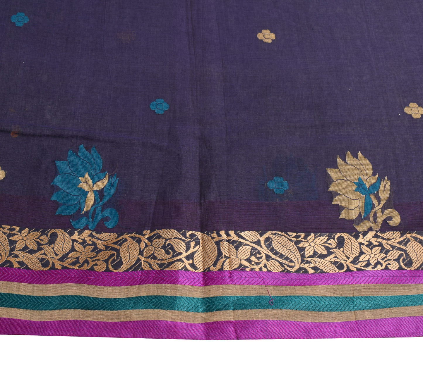 Sushila Vintage Bengal Handloom Jamdani Saree Pure Cotton Blue Sari Craft Fabric