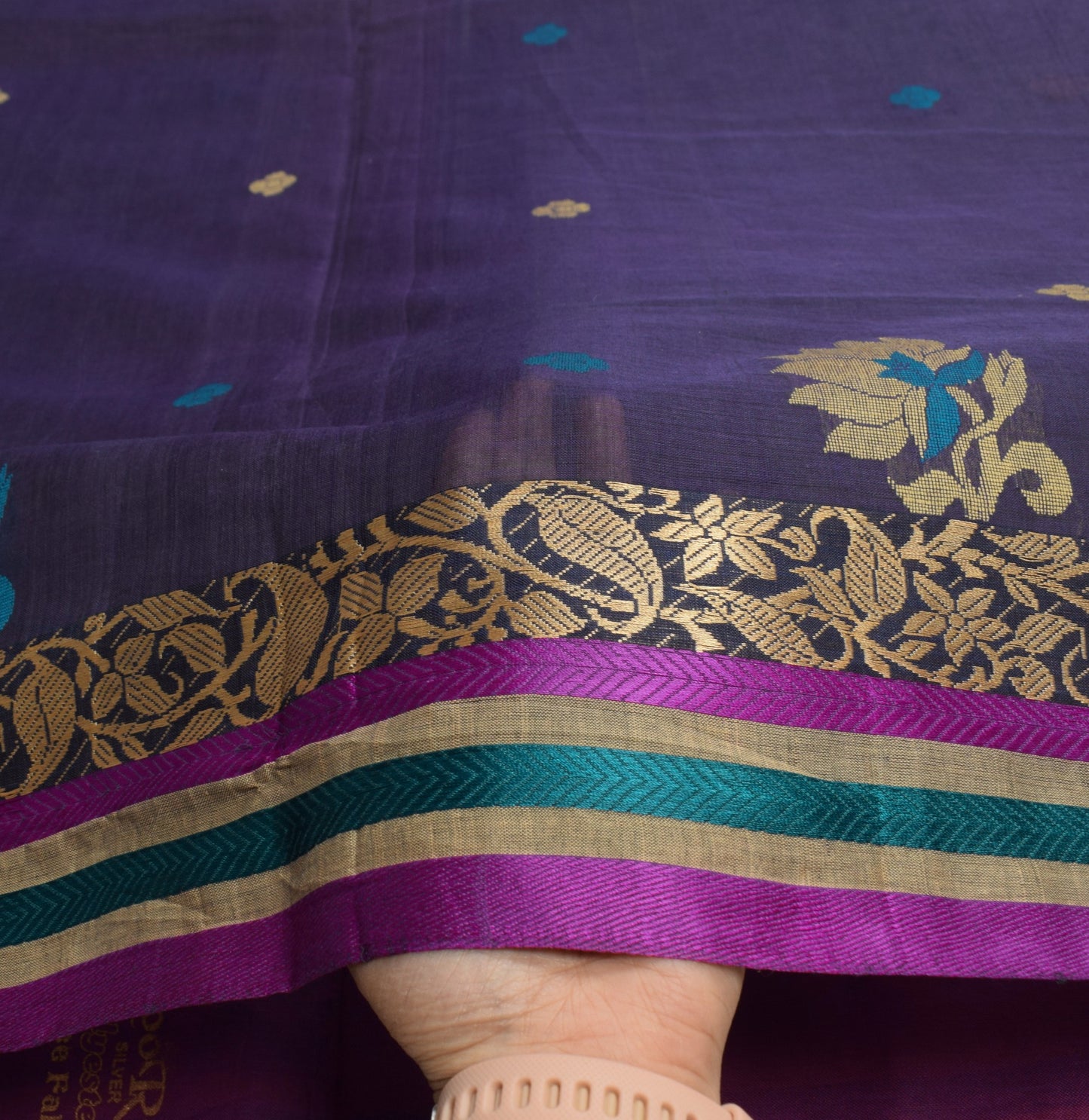Sushila Vintage Bengal Handloom Jamdani Saree Pure Cotton Blue Sari Craft Fabric