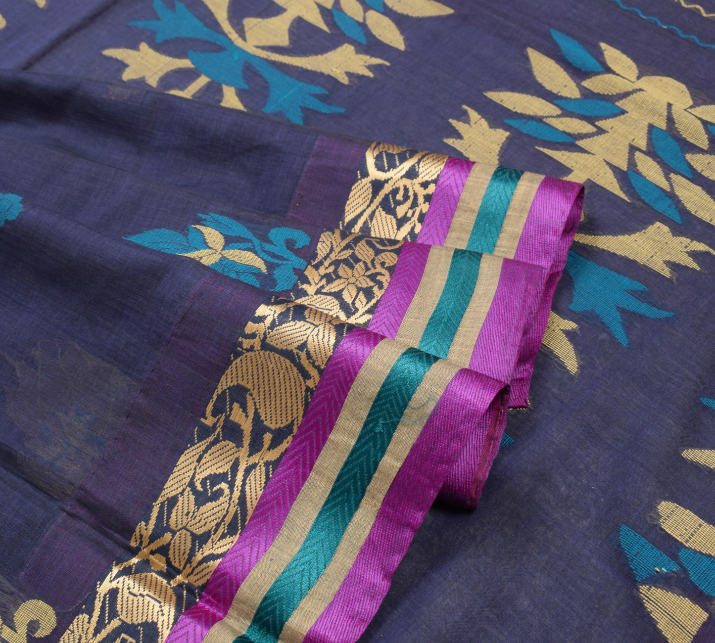 Sushila Vintage Bengal Handloom Jamdani Saree Pure Cotton Blue Sari Craft Fabric