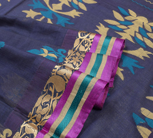 Sushila Vintage Bengal Handloom Jamdani Saree Pure Cotton Blue Sari Craft Fabric