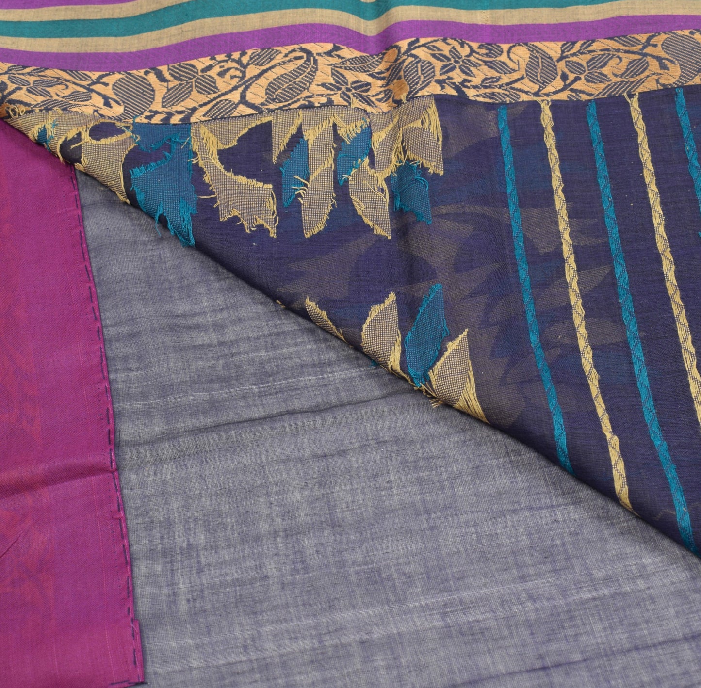 Sushila Vintage Bengal Handloom Jamdani Saree Pure Cotton Blue Sari Craft Fabric