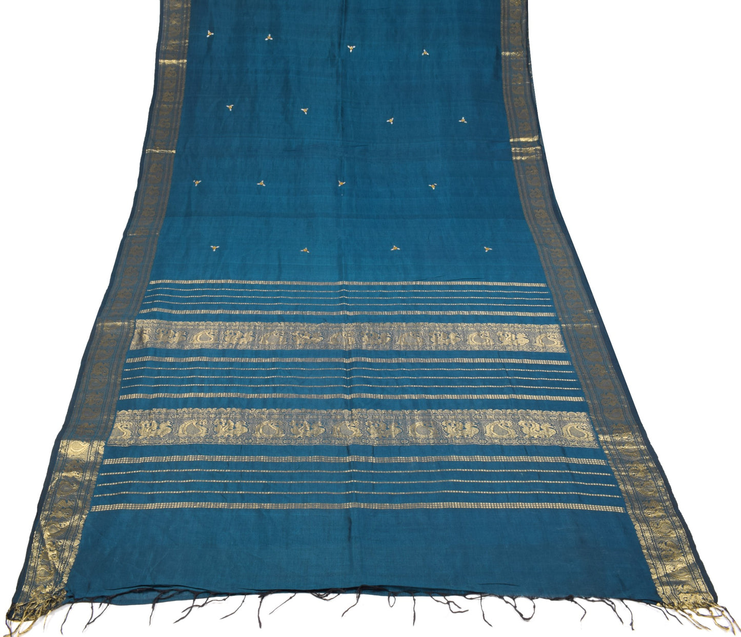 Sushila Vintage Teal Blue Kanjivaram Saree Zari Brocade Pure Cotton Silk Sari