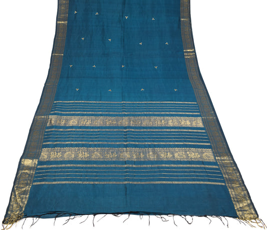 Sushila Vintage Teal Blue Kanjivaram Saree Zari Brocade Pure Cotton Silk Sari