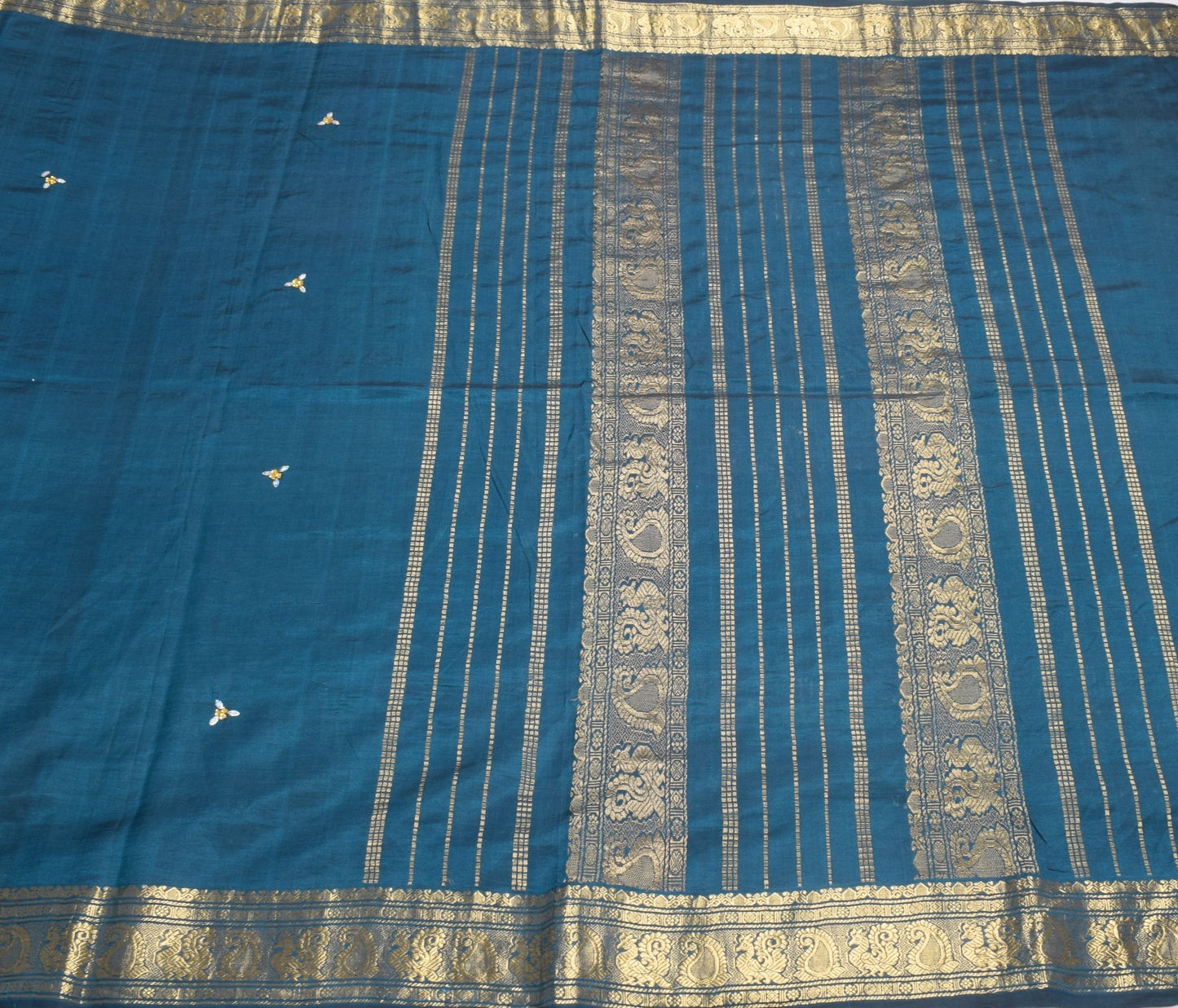 Sushila Vintage Teal Blue Kanjivaram Saree Zari Brocade Pure Cotton Silk Sari
