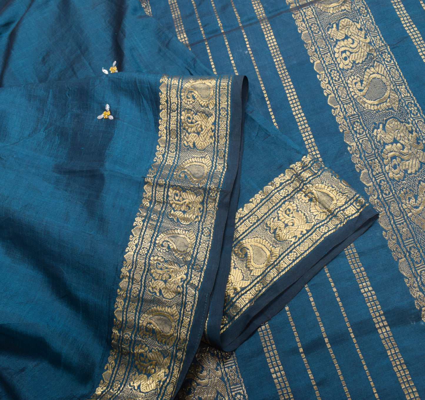 Sushila Vintage Teal Blue Kanjivaram Saree Zari Brocade Pure Cotton Silk Sari