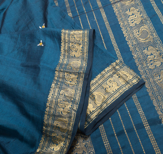 Sushila Vintage Teal Blue Kanjivaram Saree Zari Brocade Pure Cotton Silk Sari