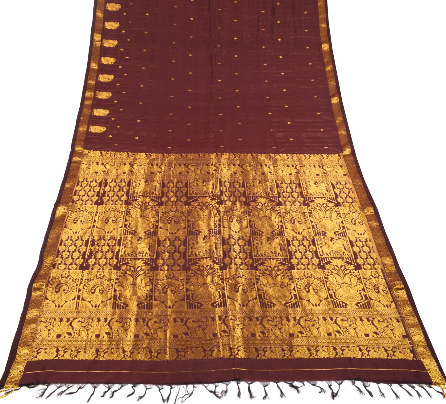 Sushila Vintage Kanjivaram Maroon Saree Gold zari Brocade Pure Silk Sari Fabric