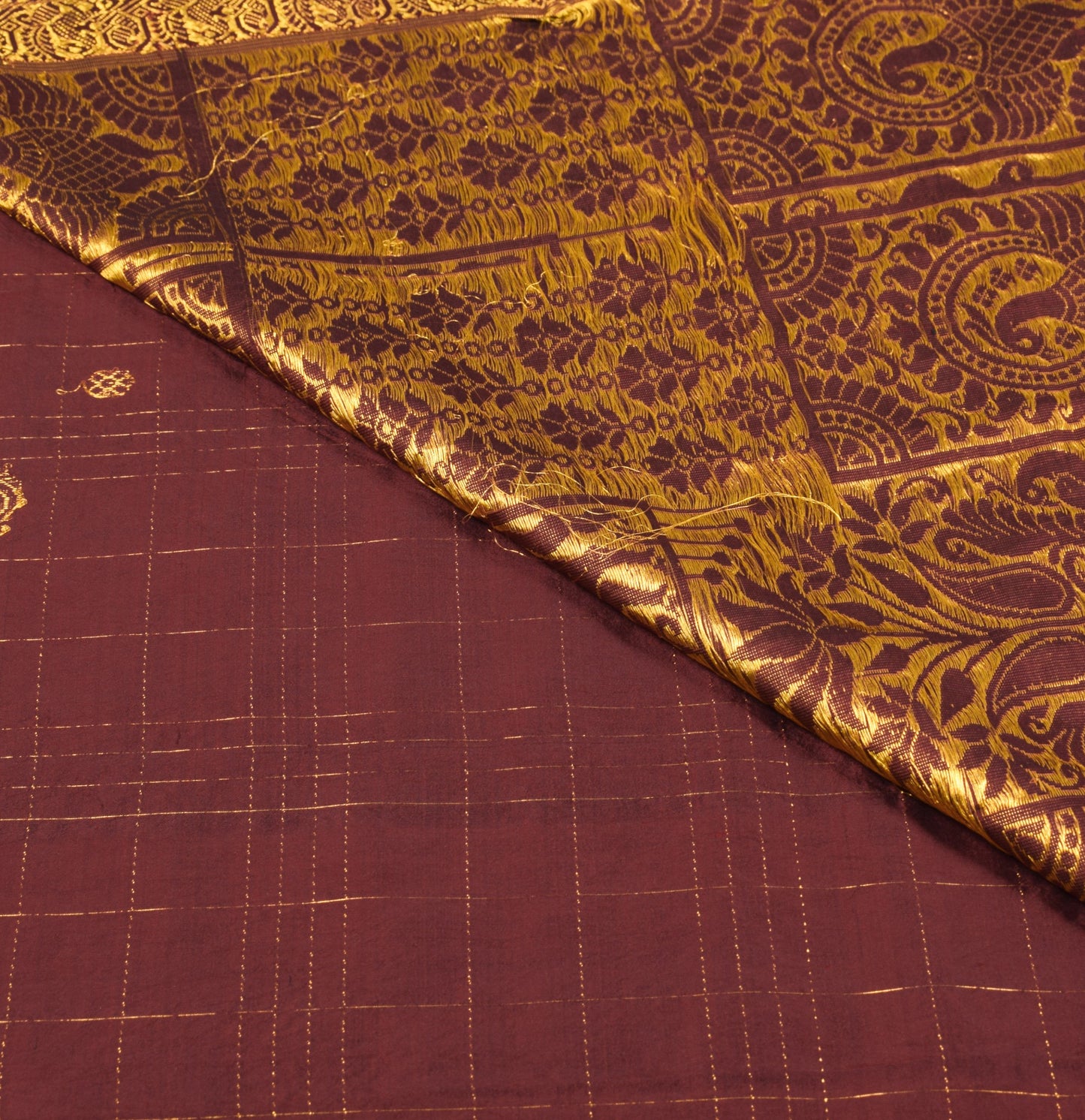 Sushila Vintage Kanjivaram Maroon Saree Gold zari Brocade Pure Silk Sari Fabric