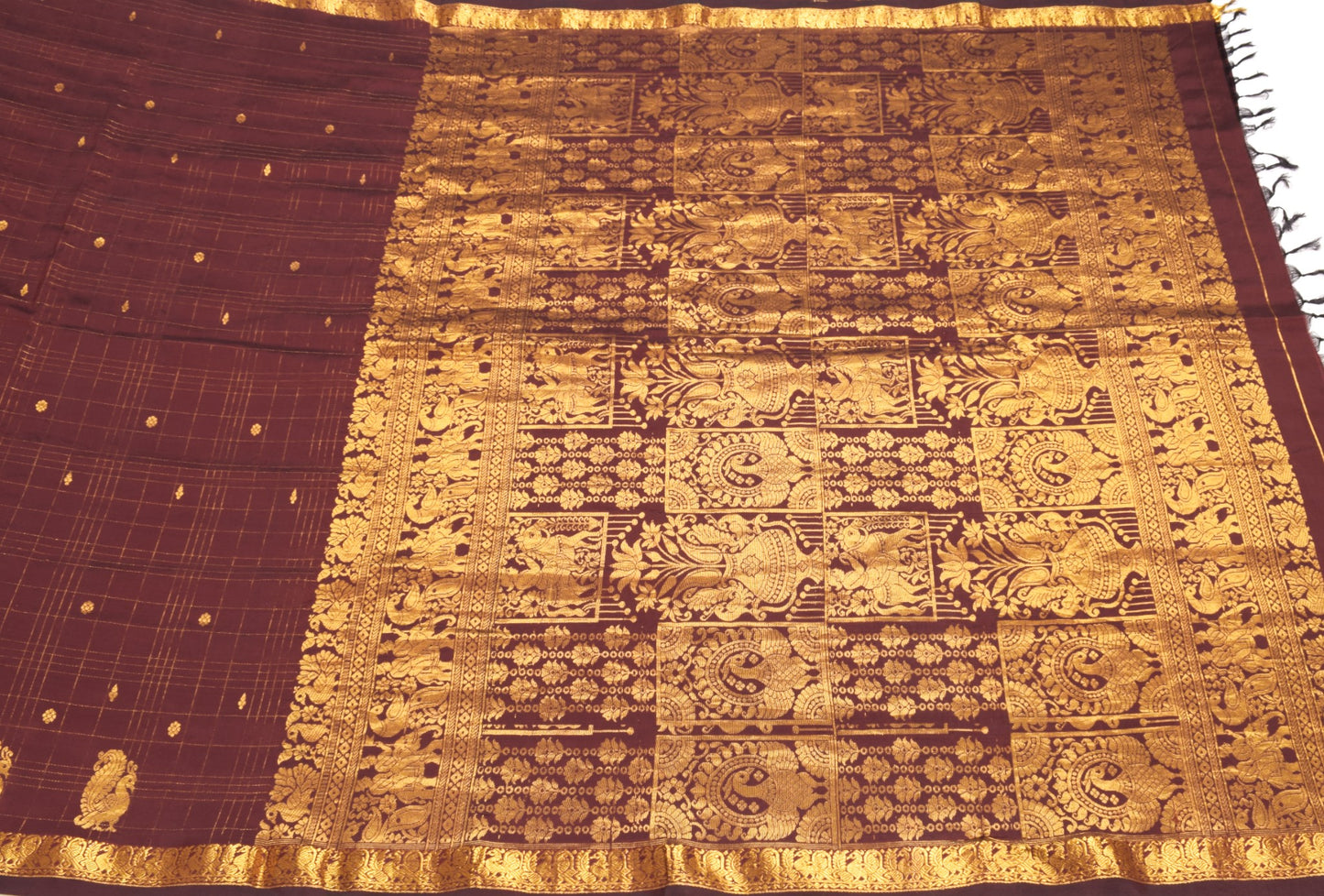 Sushila Vintage Kanjivaram Maroon Saree Gold zari Brocade Pure Silk Sari Fabric