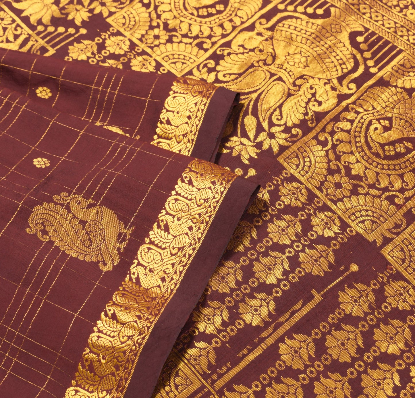 Sushila Vintage Kanjivaram Maroon Saree Gold zari Brocade Pure Silk Sari Fabric