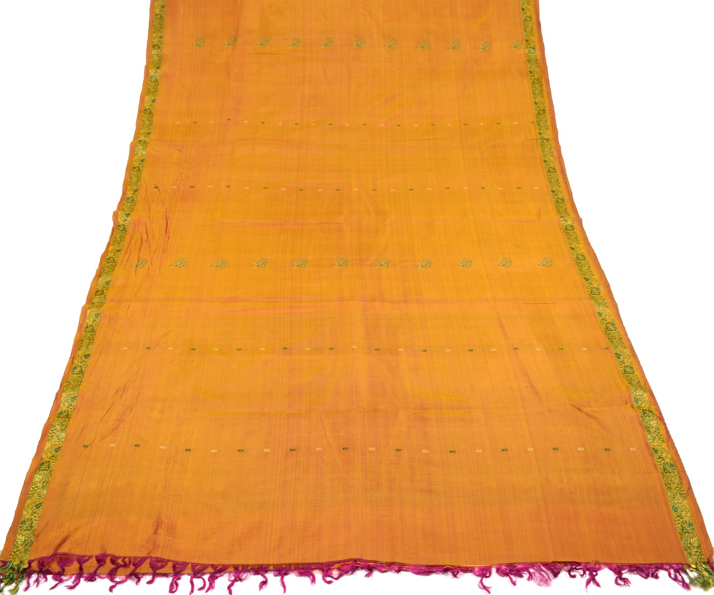 Sushila Vintage Yellow Kanjivaram Saree Pure Silk Woven 5YD DualTone Sari Fabric