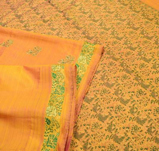 Sushila Vintage Yellow Kanjivaram Saree Pure Silk Woven 5YD DualTone Sari Fabric