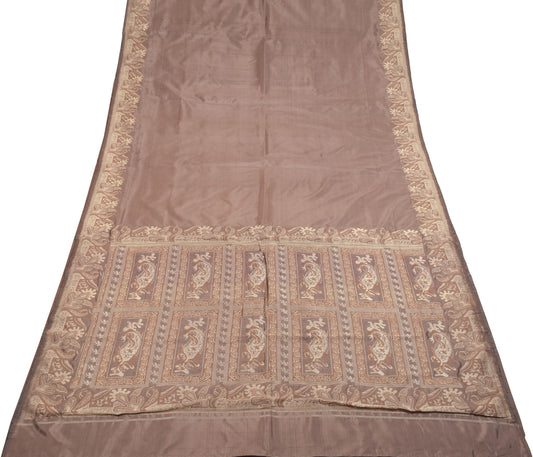 Sushila Vintage Brown Woven Saree Pure Silk Soft 5 Yard Indian Sari Craft Fabric