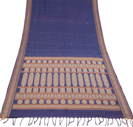 Sushila Vintage Pure Cotton Saree Blue Hand Woven 6 Yard Sari Soft Craft Fabric