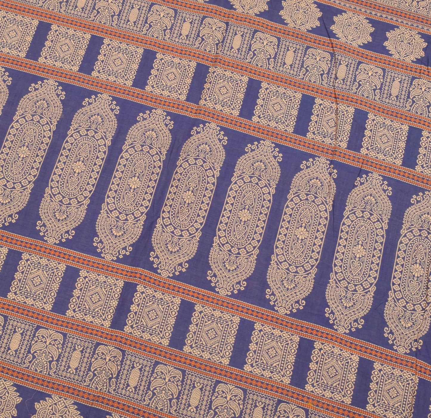 Sushila Vintage Pure Cotton Saree Blue Hand Woven 6 Yard Sari Soft Craft Fabric