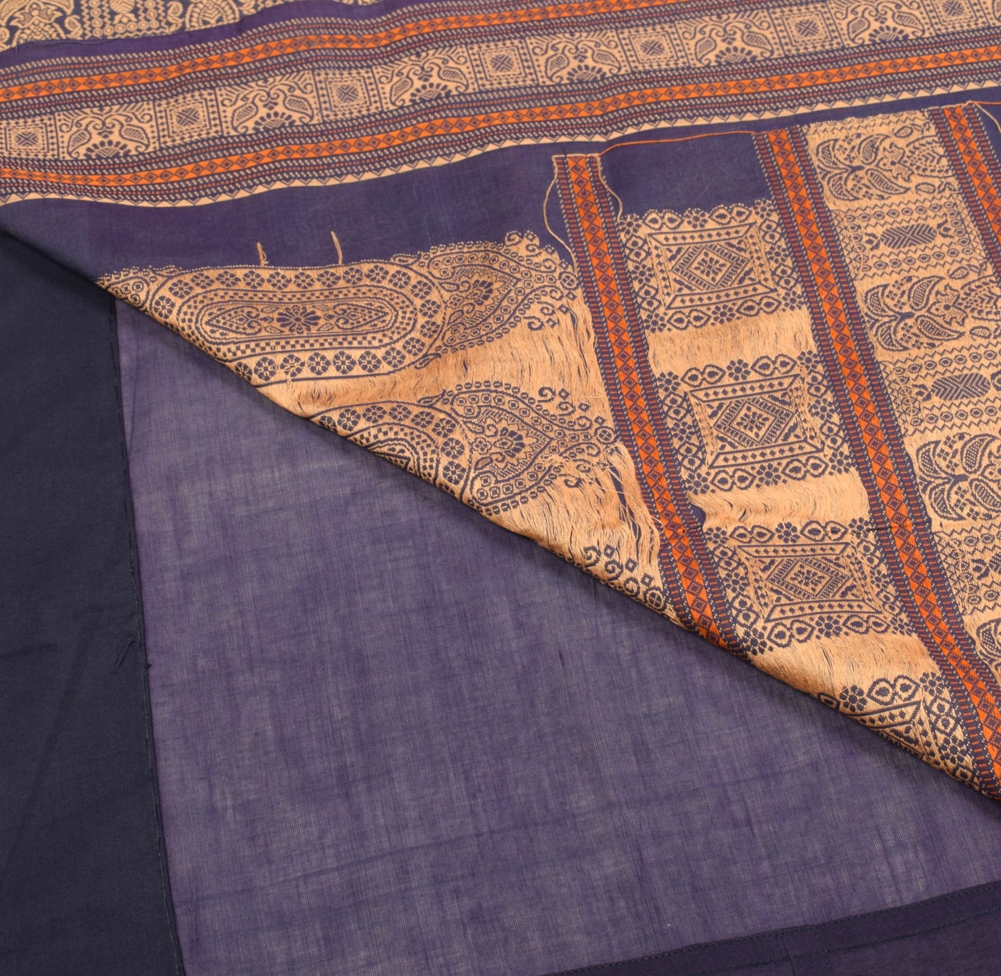 Sushila Vintage Pure Cotton Saree Blue Hand Woven 6 Yard Sari Soft Craft Fabric