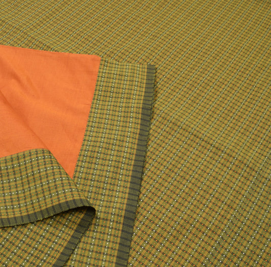 Sushila Vintage Pure Cotton Silk Saree Rust Green Handwoven 6Yd Sari Craft Fabri