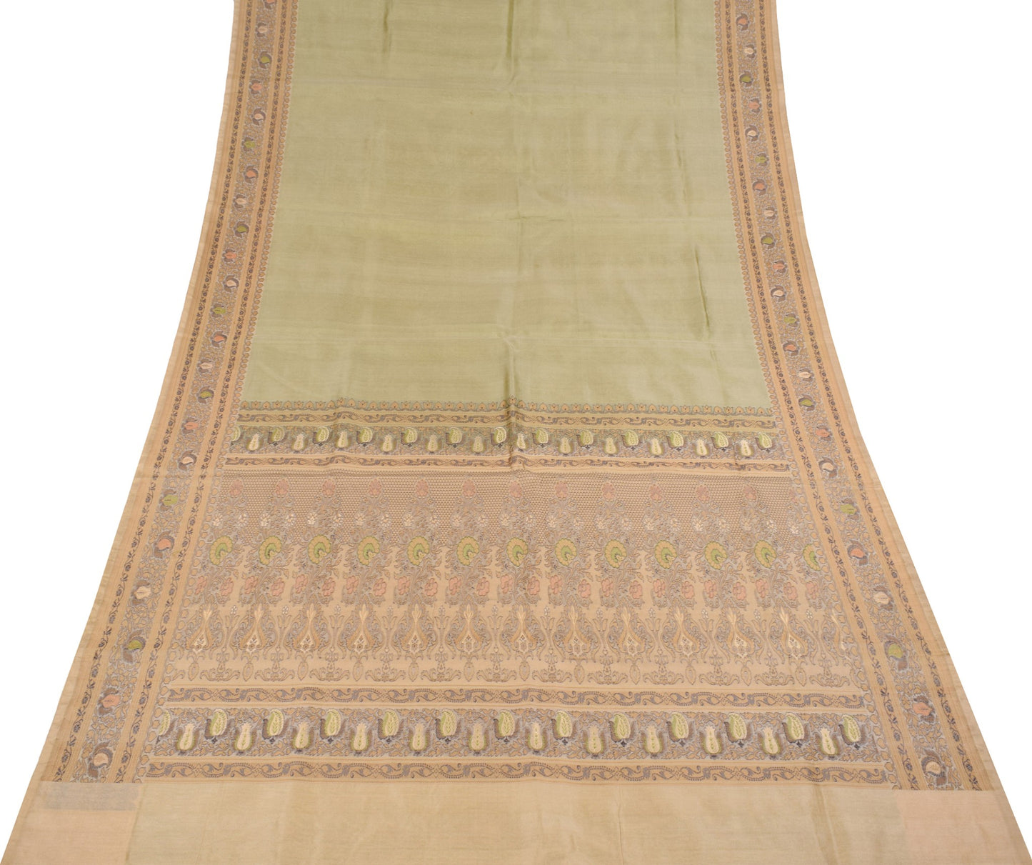 Sushila Vintage Green Pure Silk Saree Woven Beige Border Pallu Sari Craft Fabric