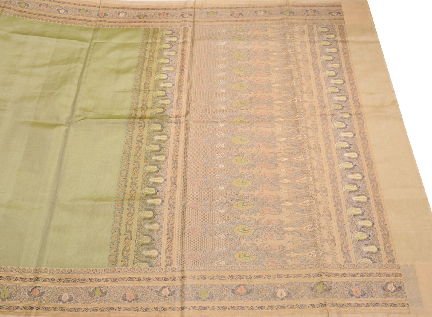 Sushila Vintage Green Pure Silk Saree Woven Beige Border Pallu Sari Craft Fabric