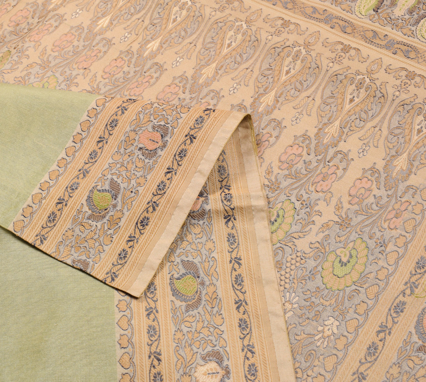 Sushila Vintage Green Pure Silk Saree Woven Beige Border Pallu Sari Craft Fabric