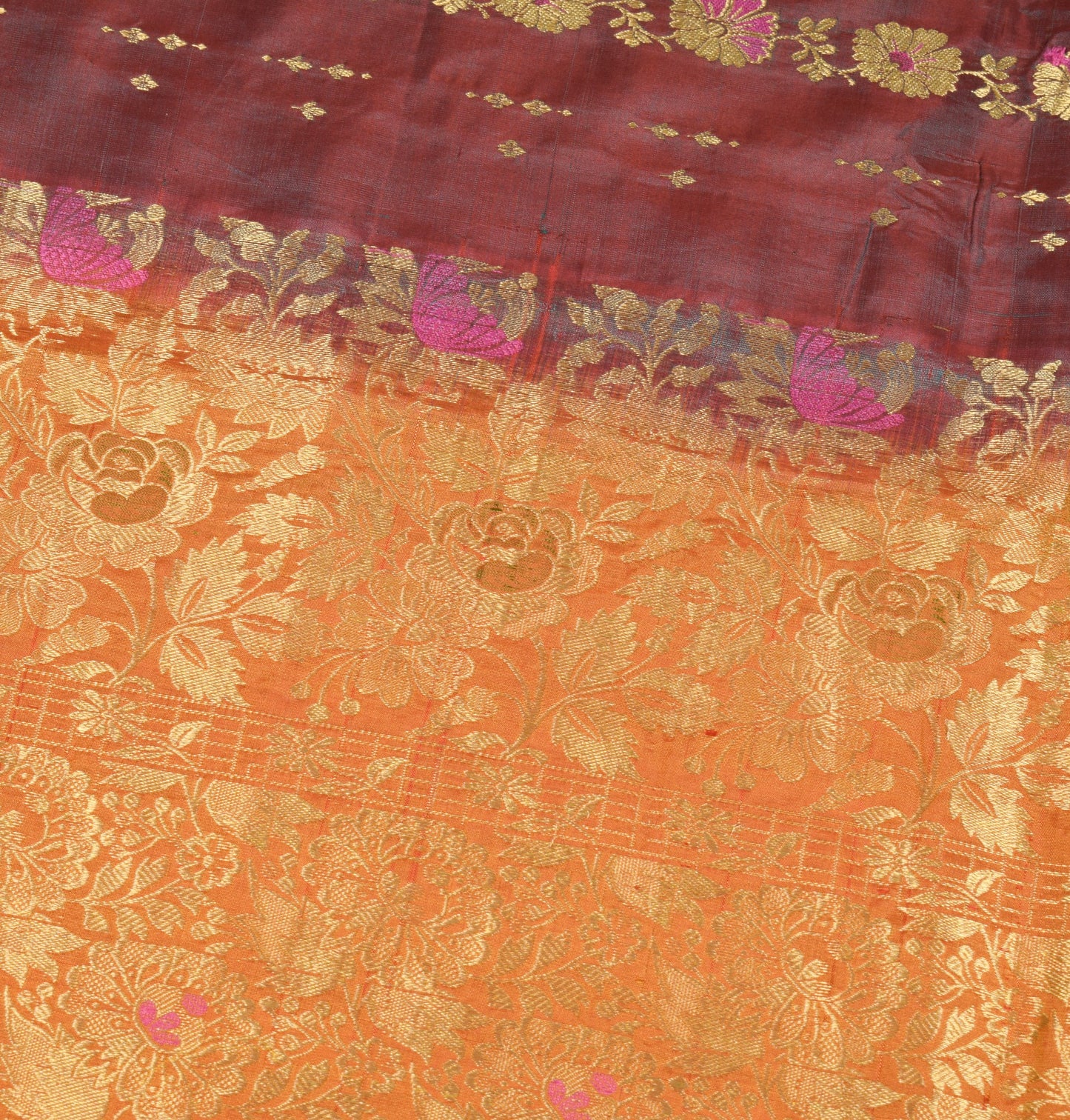 Sushila Vintage Pure Kanchipuram Silk Saree Brocade Red Dual Tone Sari Fabric