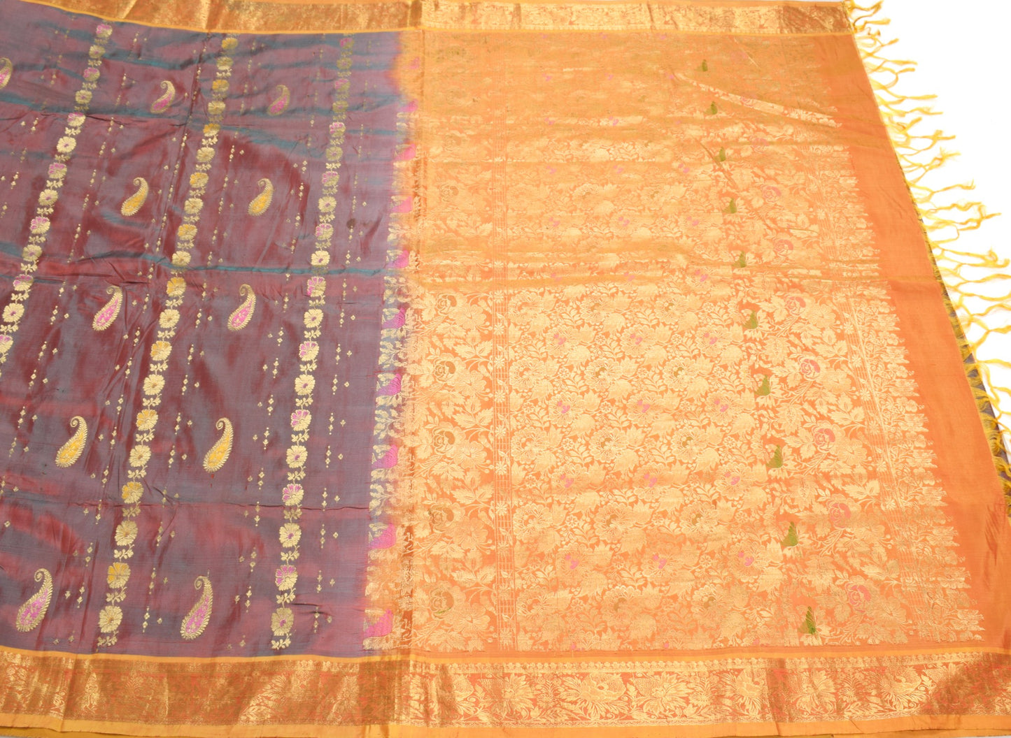 Sushila Vintage Pure Kanchipuram Silk Saree Brocade Red Dual Tone Sari Fabric