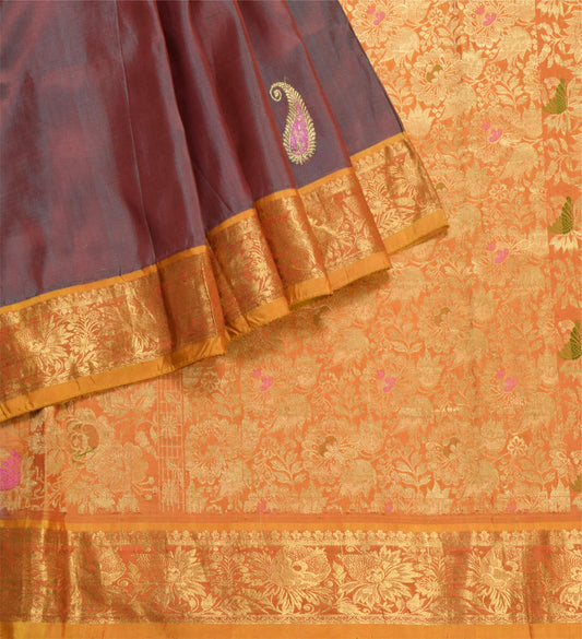 Sushila Vintage Pure Kanchipuram Silk Saree Brocade Red Dual Tone Sari Fabric