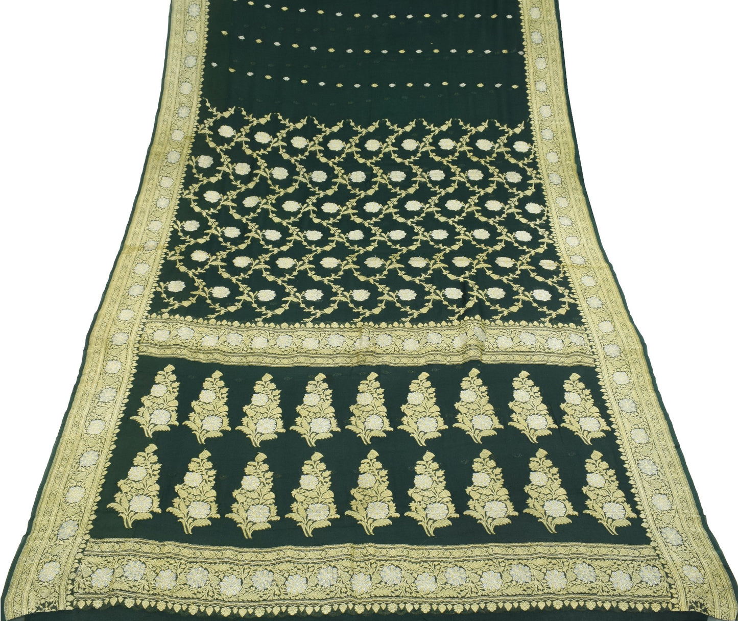 Sushila Vintage Dark Green Saree Pure Georgette Banarasi Brocade 5YD Sari Fabric