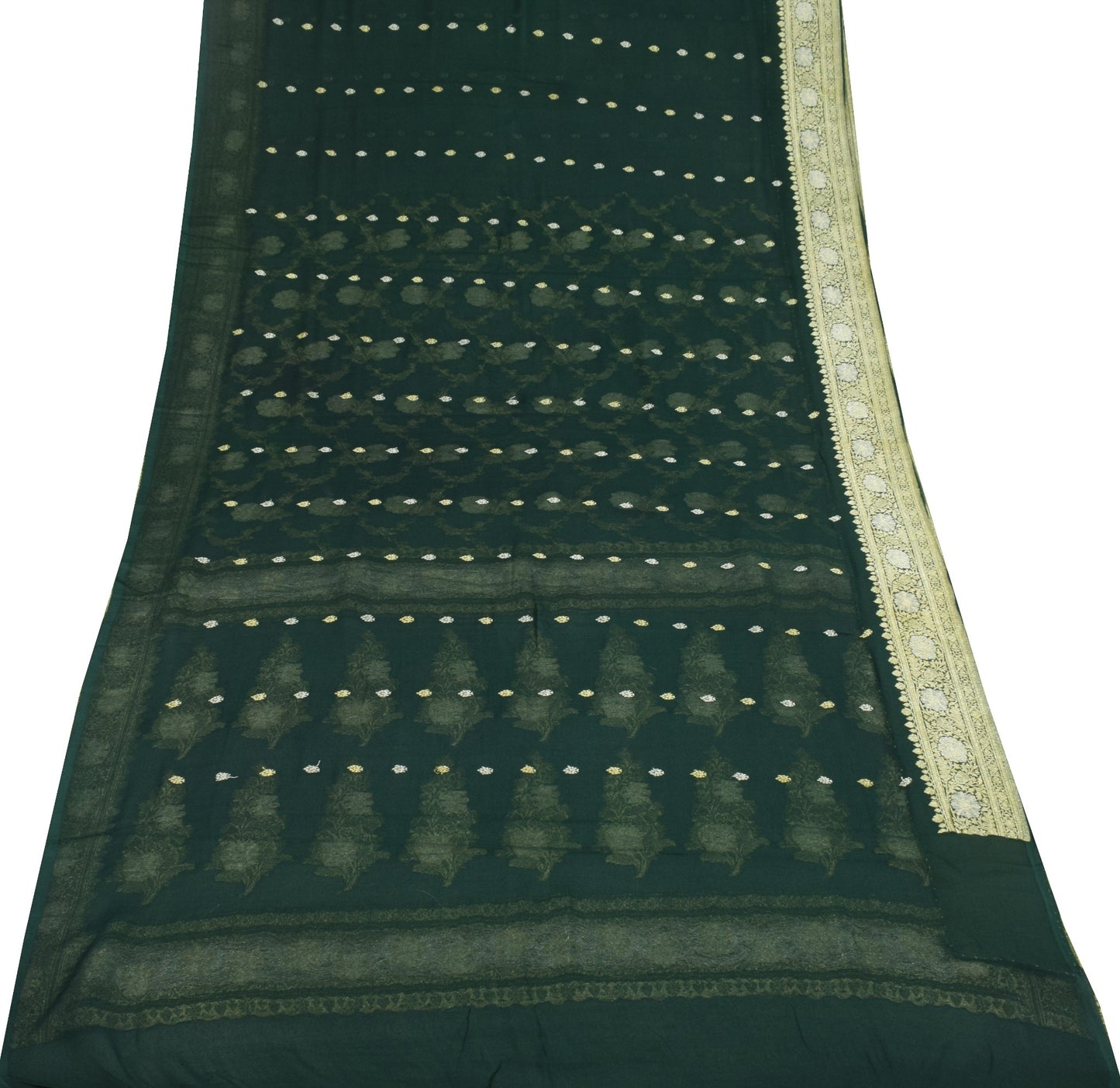 Sushila Vintage Dark Green Saree Pure Georgette Banarasi Brocade 5YD Sari Fabric