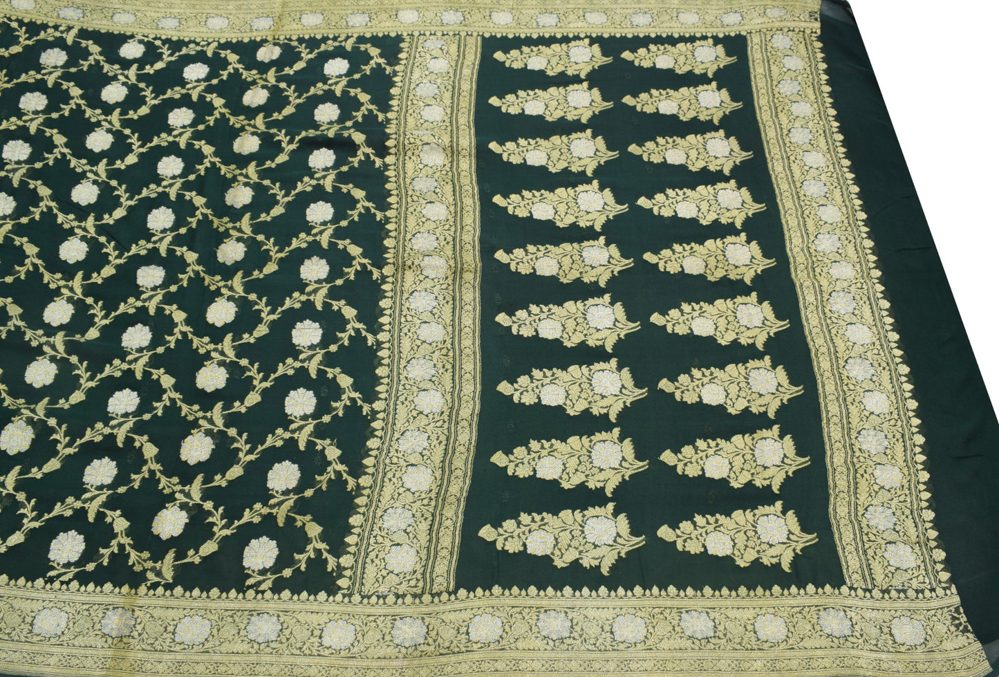 Sushila Vintage Dark Green Saree Pure Georgette Banarasi Brocade 5YD Sari Fabric