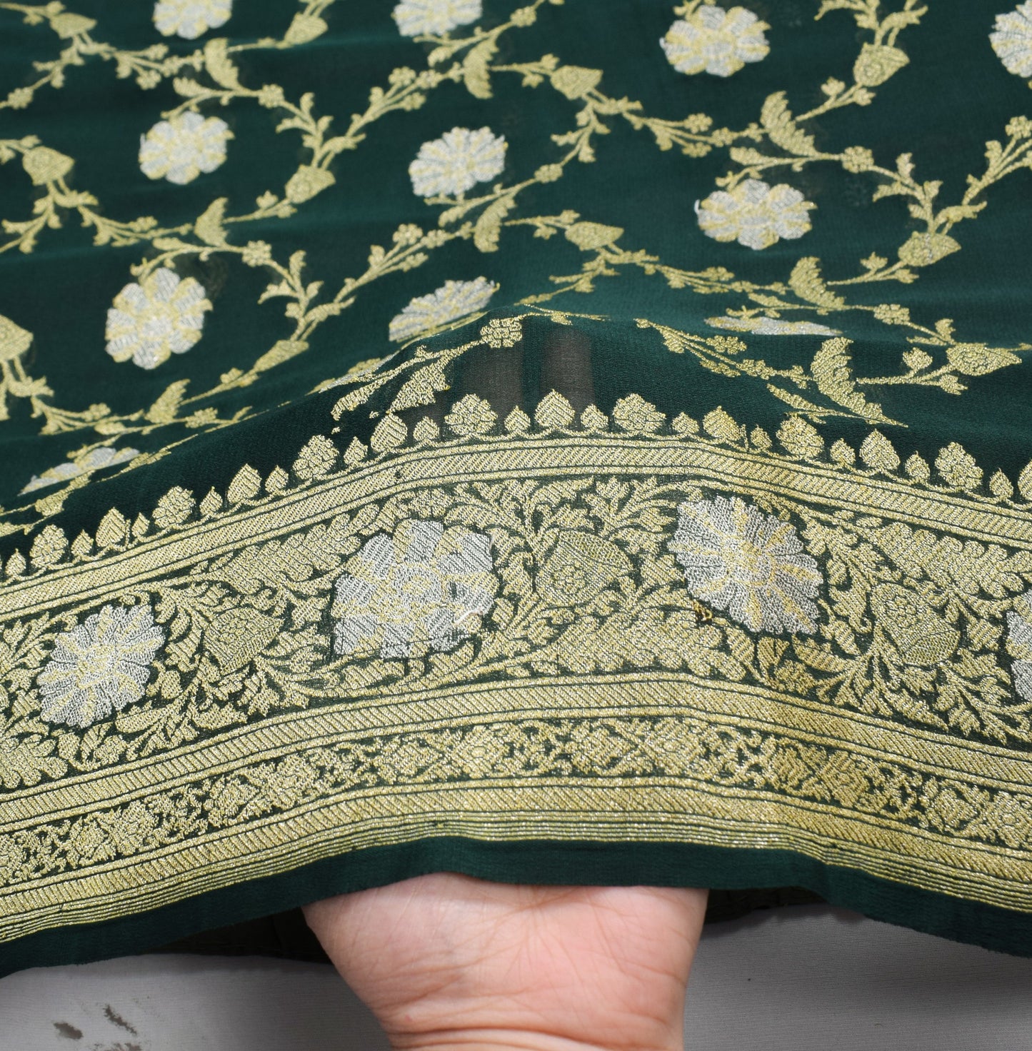 Sushila Vintage Dark Green Saree Pure Georgette Banarasi Brocade 5YD Sari Fabric