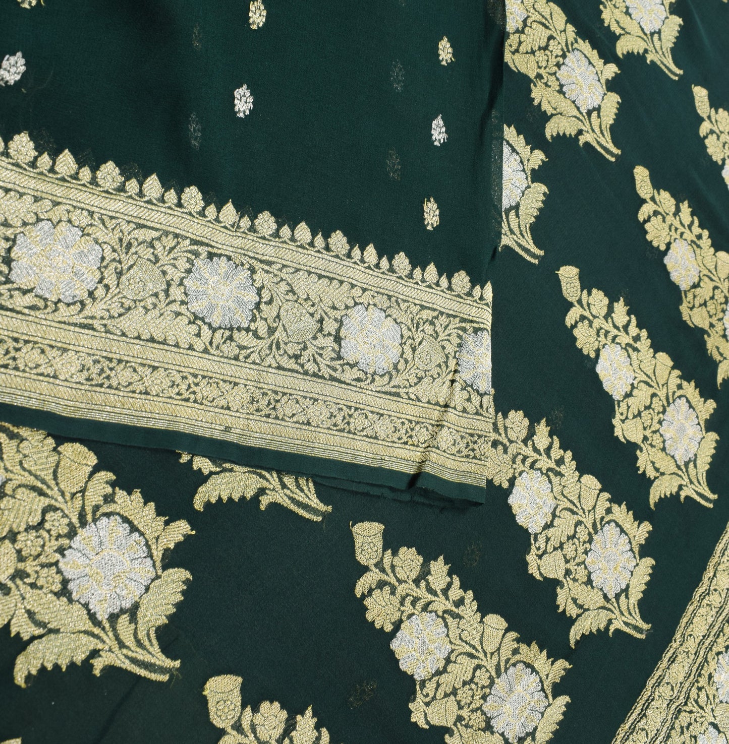 Sushila Vintage Dark Green Saree Pure Georgette Banarasi Brocade 5YD Sari Fabric
