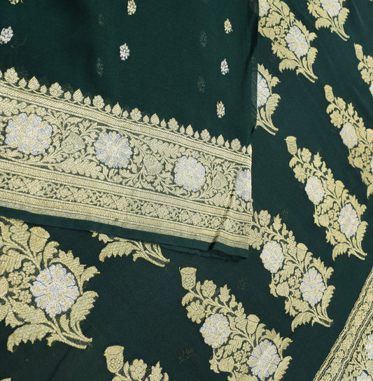 Sushila Vintage Dark Green Saree Pure Georgette Banarasi Brocade 5YD Sari Fabric