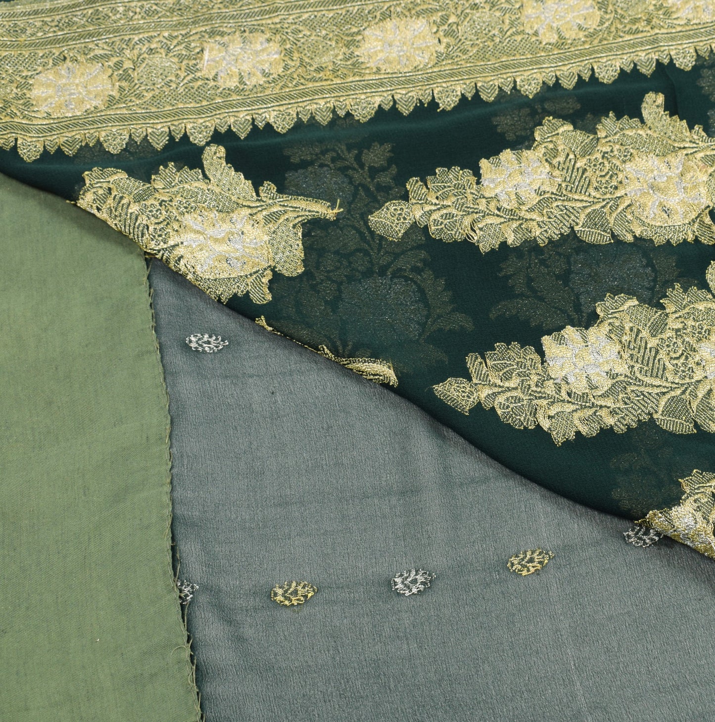 Sushila Vintage Dark Green Saree Pure Georgette Banarasi Brocade 5YD Sari Fabric
