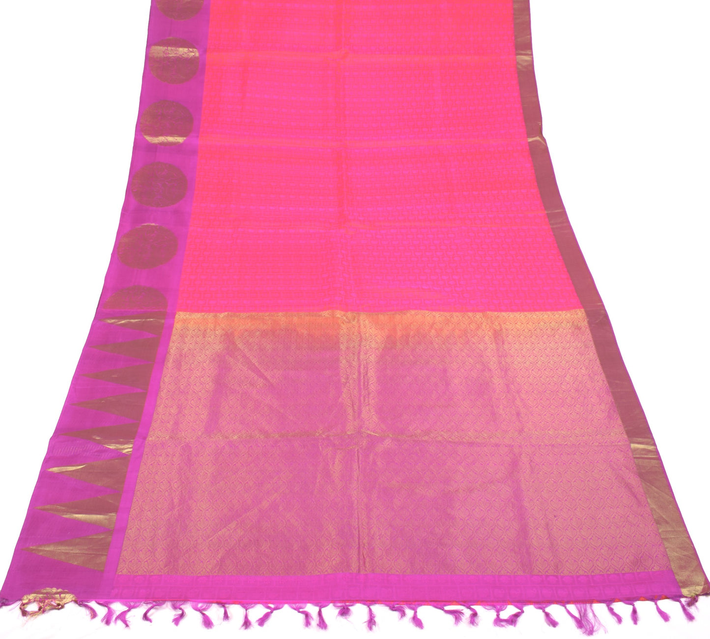 Sushila Vintage Pink Shot Orange Jacquard Pure Zari Kanjivaram Silk Saree Fabric