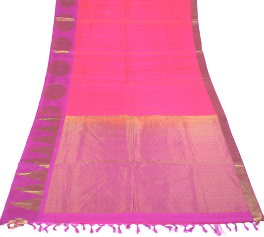 Sushila Vintage Pink Shot Orange Jacquard Pure Zari Kanjivaram Silk Saree Fabric