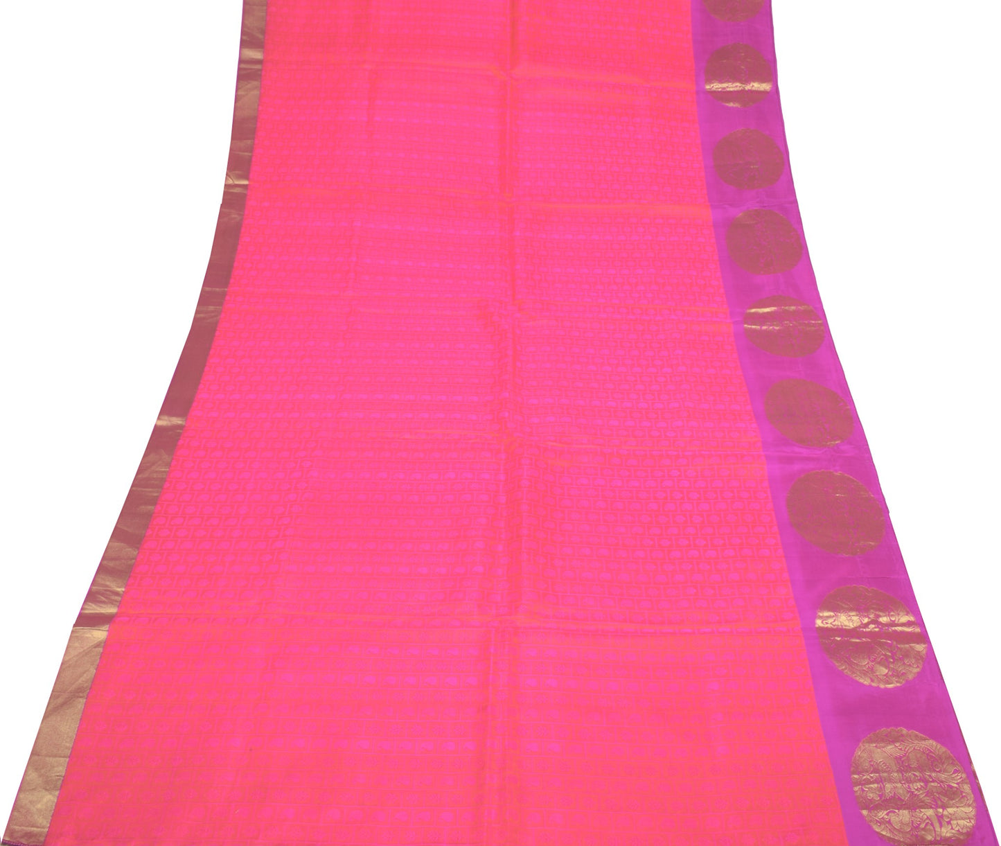 Sushila Vintage Pink Shot Orange Jacquard Pure Zari Kanjivaram Silk Saree Fabric